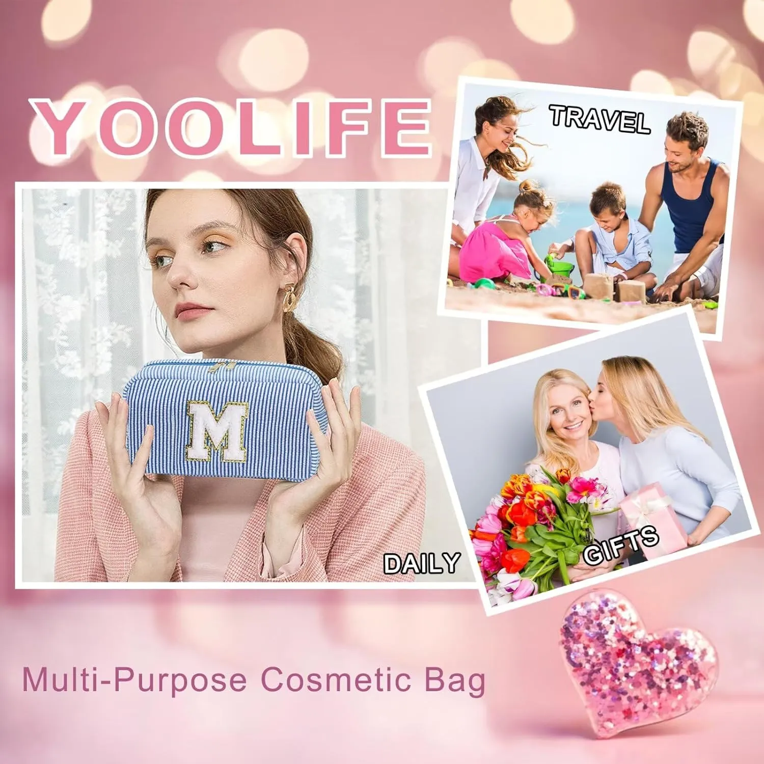 YOOLIFE Initial Makeup Bag for Women - Monogram Cute Blue Makeup Bags Cosmetic Toiletry Pouch Make Up Case for Women Her Best Friend Friendship Sister Teacher, Personalized Birthday Gifts for Women J