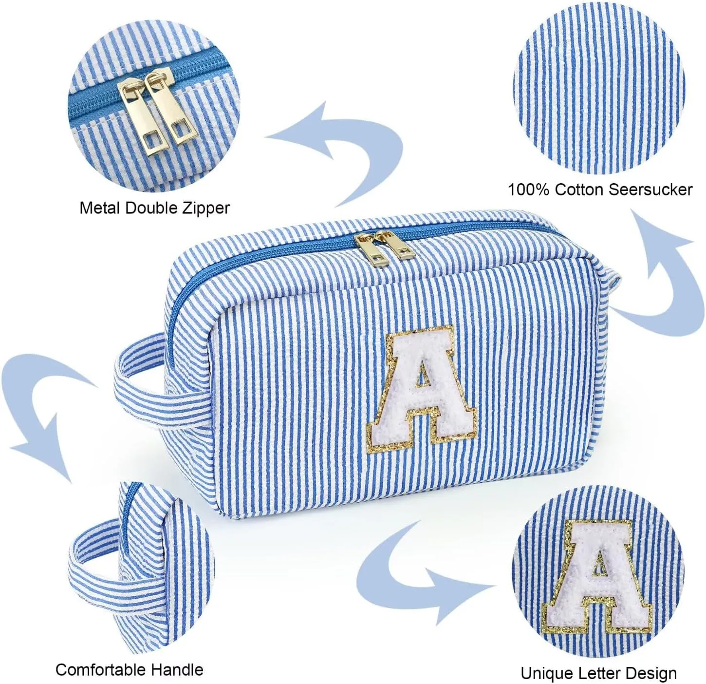 YOOLIFE Initial Makeup Bag for Women - Monogram Cute Blue Makeup Bags Cosmetic Toiletry Pouch Make Up Case for Women Her Best Friend Friendship Sister Teacher, Personalized Birthday Gifts for Women J