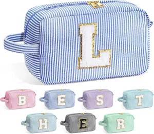 YOOLIFE Initial Makeup Bag for Women - Monogram Cute Blue Makeup Bags Cosmetic Toiletry Pouch Make Up Case for Women Her Best Friend Friendship Sister Teacher, Personalized Birthday Gifts for Women L