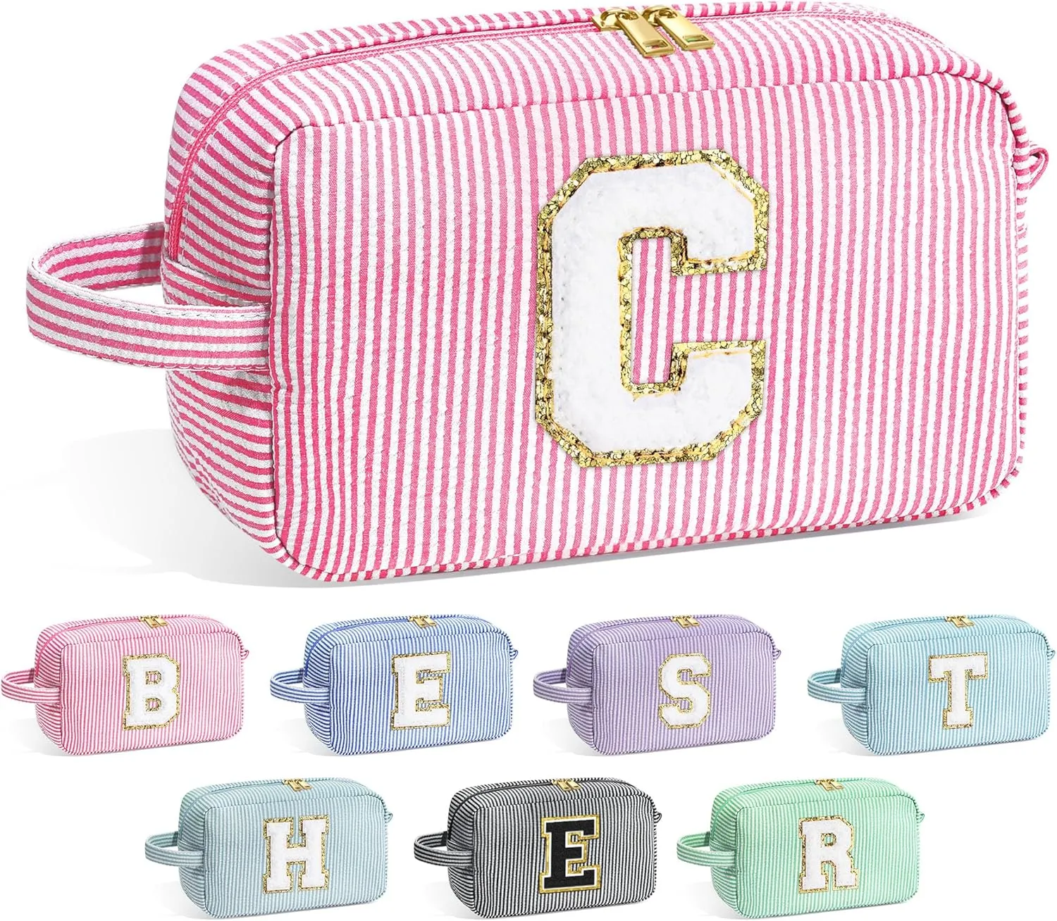 YOOLIFE Makeup Bag for Women - Monogram Cute Initial Pink Makeup Bags Cosmetic Toiletry Pouch Make Up Case for Women Her Best Friend Friendship Sister Teacher, Personalized Birthday Gifts for Women C