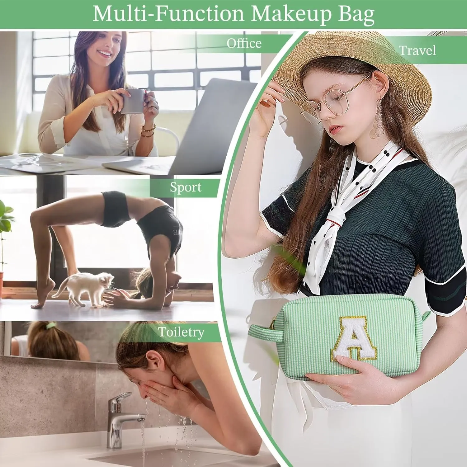 YOOLIFE Makeup Bag - Initial Makeup Bag Cosmetic Bag, Monogram Makeup Bags, Cosmetic Bag, Make Up Bag, Travel Toiletry Bag, Cute Makeup Pouch Makeup Case, Personalized Green Makeup Bags for Women L