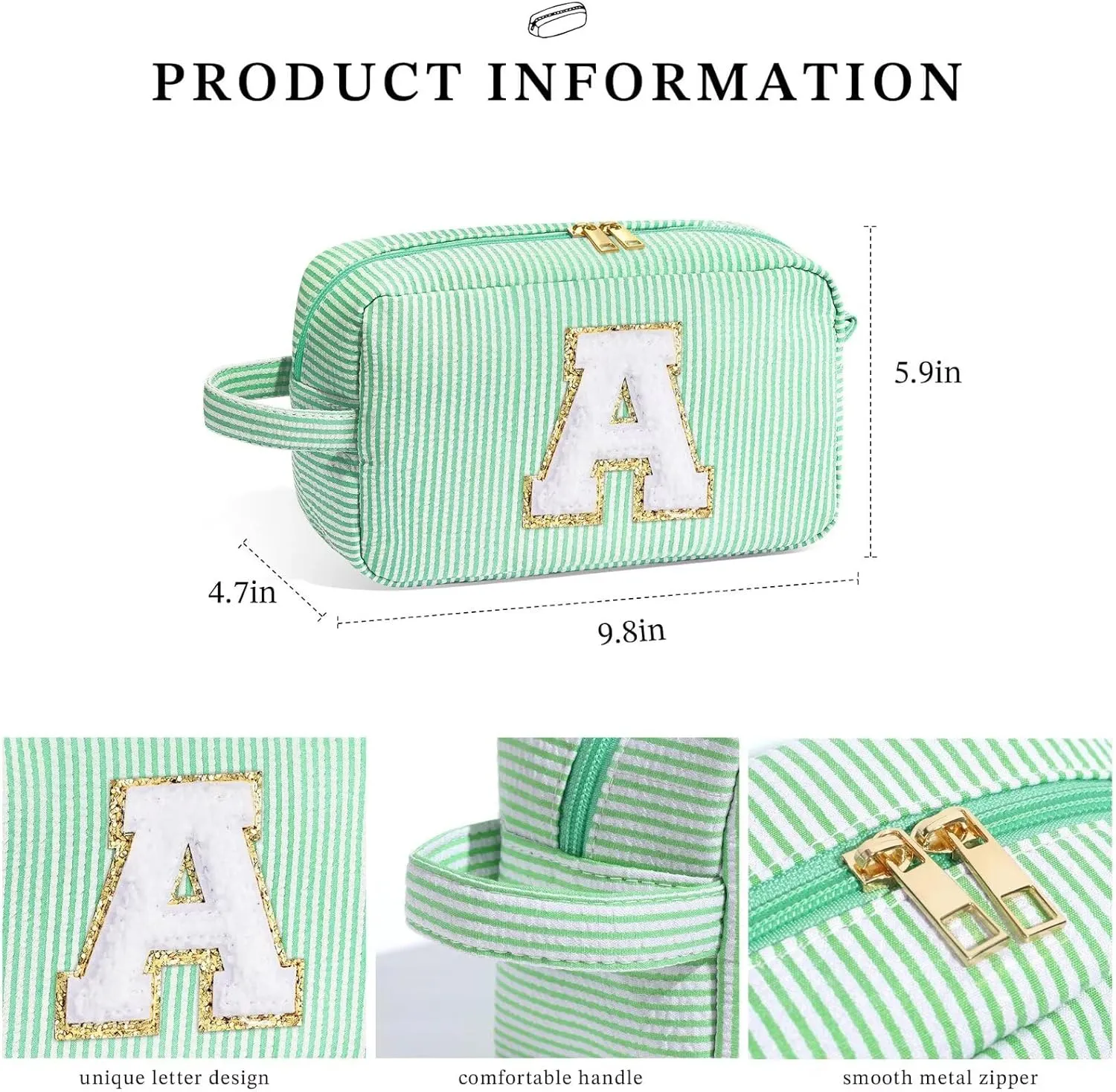 YOOLIFE Makeup Bag - Initial Makeup Bag Cosmetic Bag, Monogram Makeup Bags, Cosmetic Bag, Make Up Bag, Travel Toiletry Bag, Cute Makeup Pouch Makeup Case, Personalized Green Makeup Bags for Women L