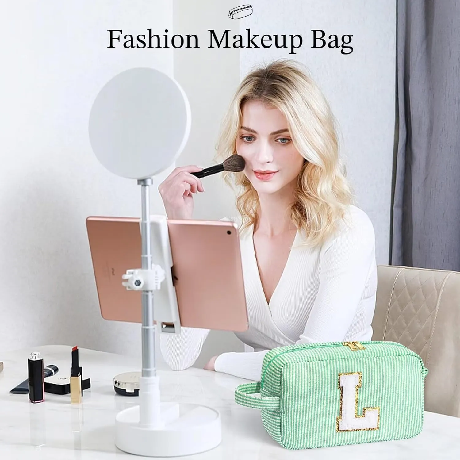 YOOLIFE Makeup Bag - Initial Makeup Bag Cosmetic Bag, Monogram Makeup Bags, Cosmetic Bag, Make Up Bag, Travel Toiletry Bag, Cute Makeup Pouch Makeup Case, Personalized Green Makeup Bags for Women L
