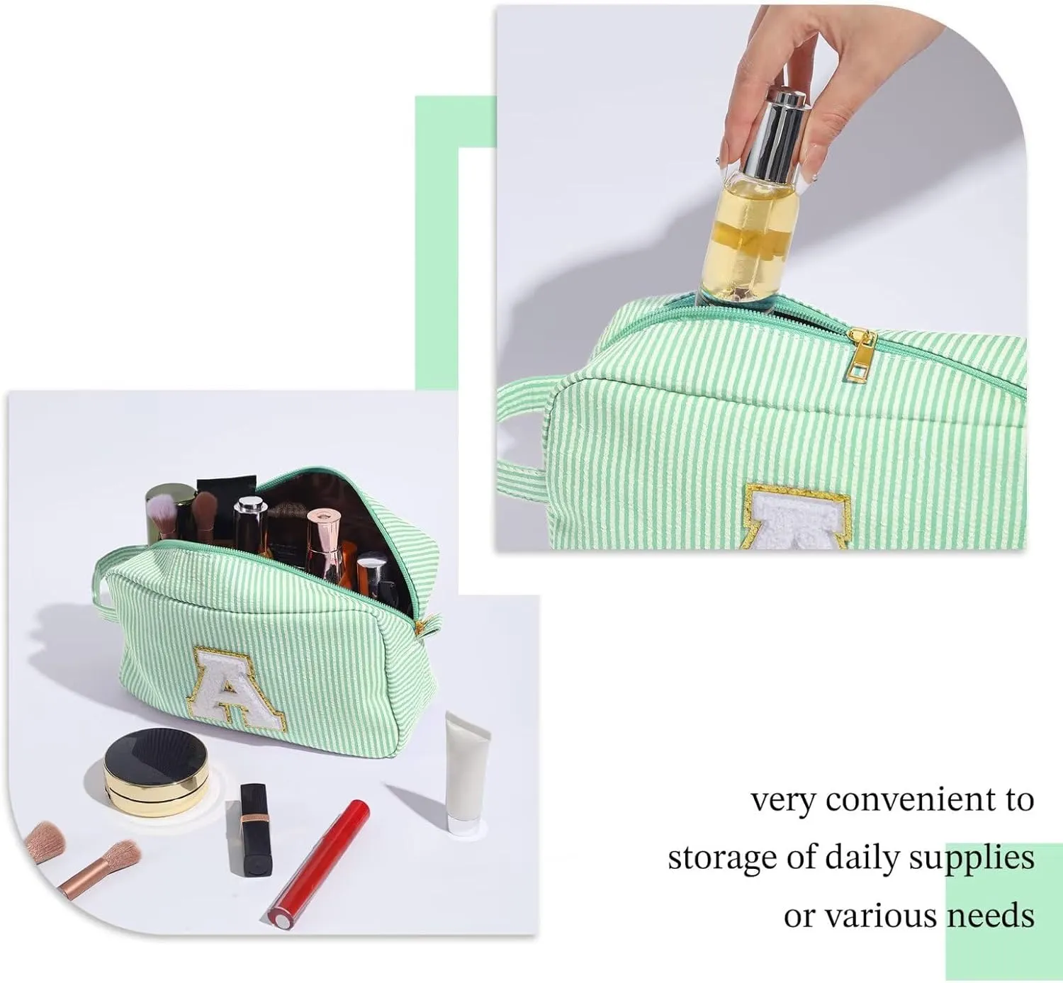 YOOLIFE Makeup Bag - Initial Makeup Bag Cosmetic Bag, Monogram Makeup Bags, Cosmetic Bag, Make Up Bag, Travel Toiletry Bag, Cute Makeup Pouch Makeup Case, Personalized Green Makeup Bags for Women L