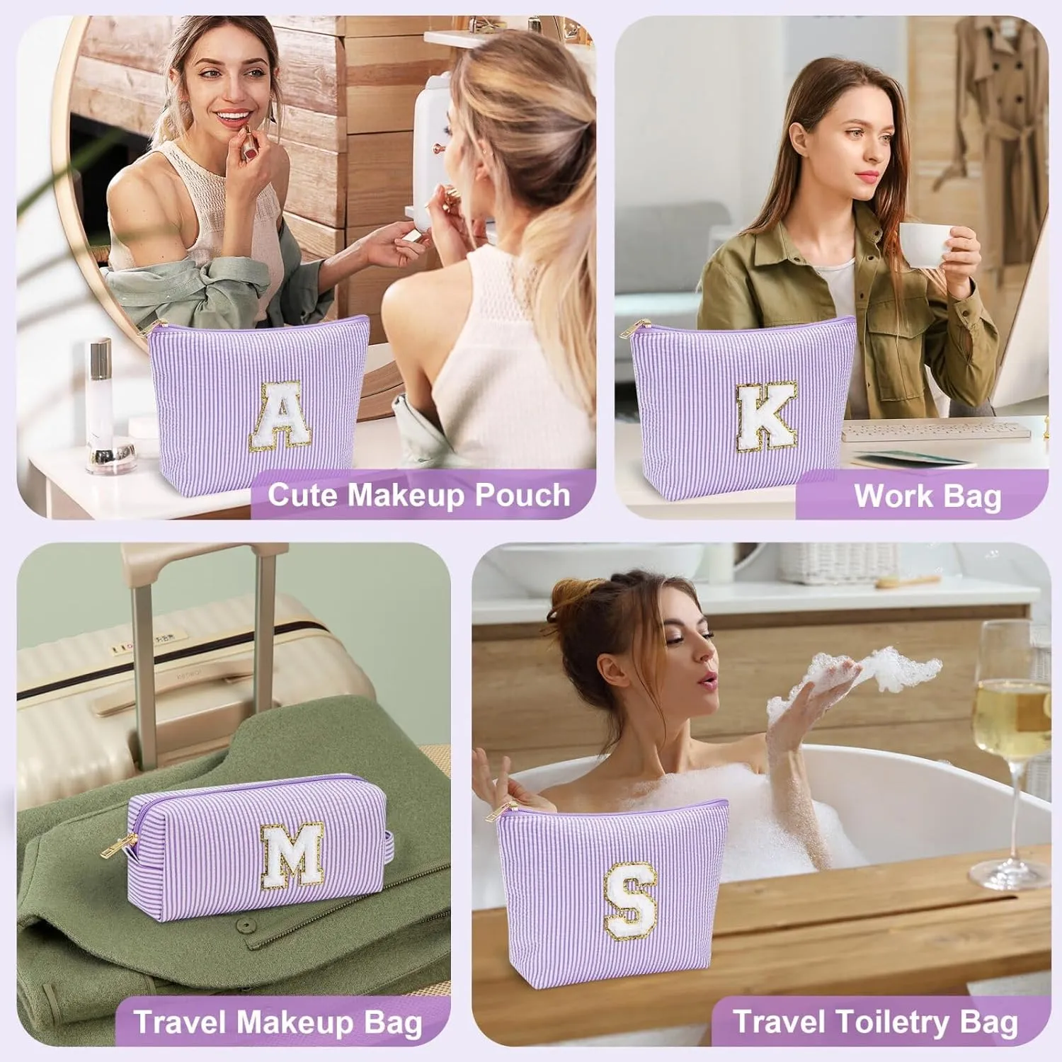 YOOLIFE Purple Cute Travel Makeup Bag - Preppy Makeup Bag Sweet 16 Gifts Sister Girlfriend Gifts Monogram Makeup Bag Make Up Bag Large Cosmetic Bags for Women Friend Birthday Gifts Preppy Stuff M