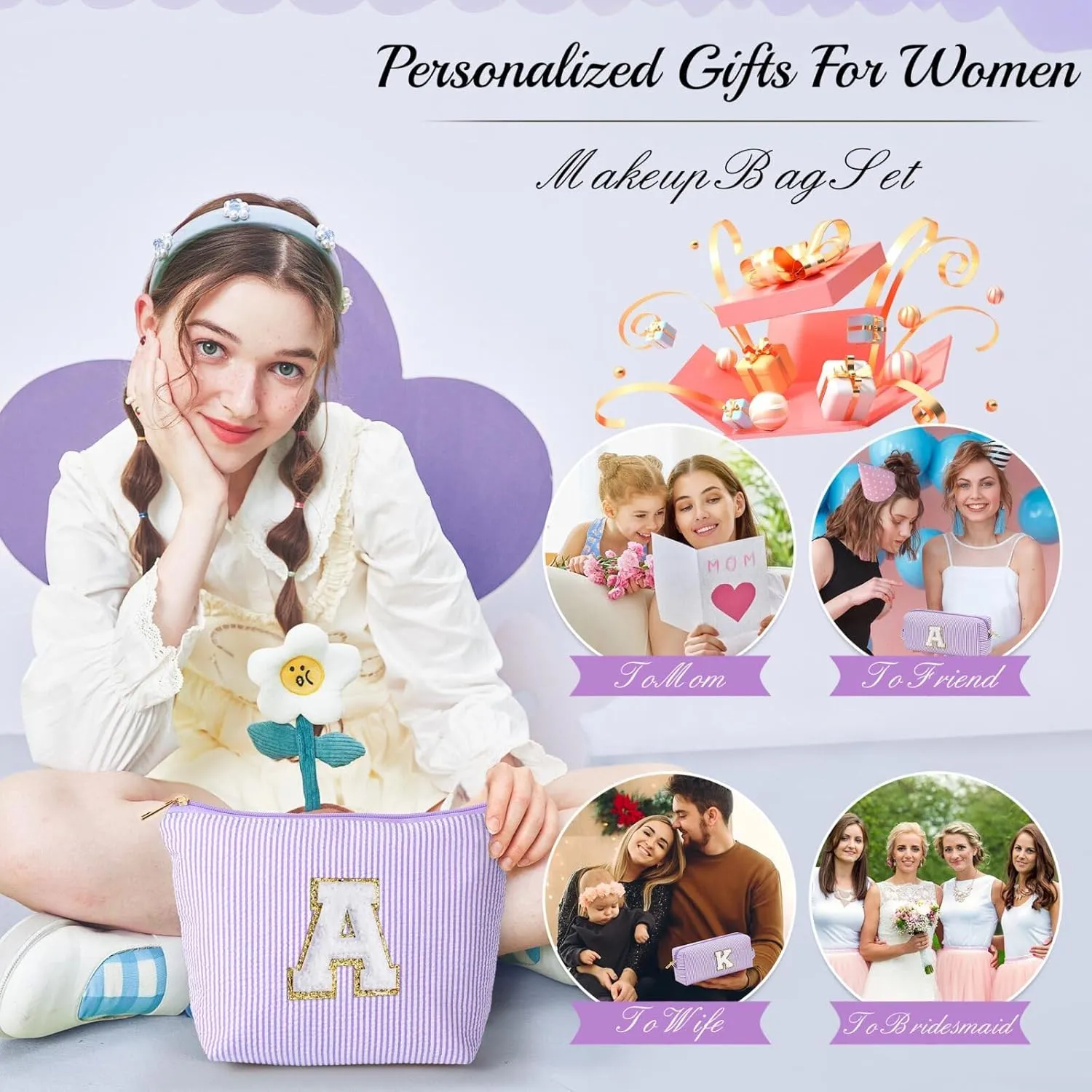 YOOLIFE Purple Cute Travel Makeup Bag - Preppy Makeup Bag Sweet 16 Gifts Sister Girlfriend Gifts Monogram Makeup Bag Make Up Bag Large Cosmetic Bags for Women Friend Birthday Gifts Preppy Stuff M