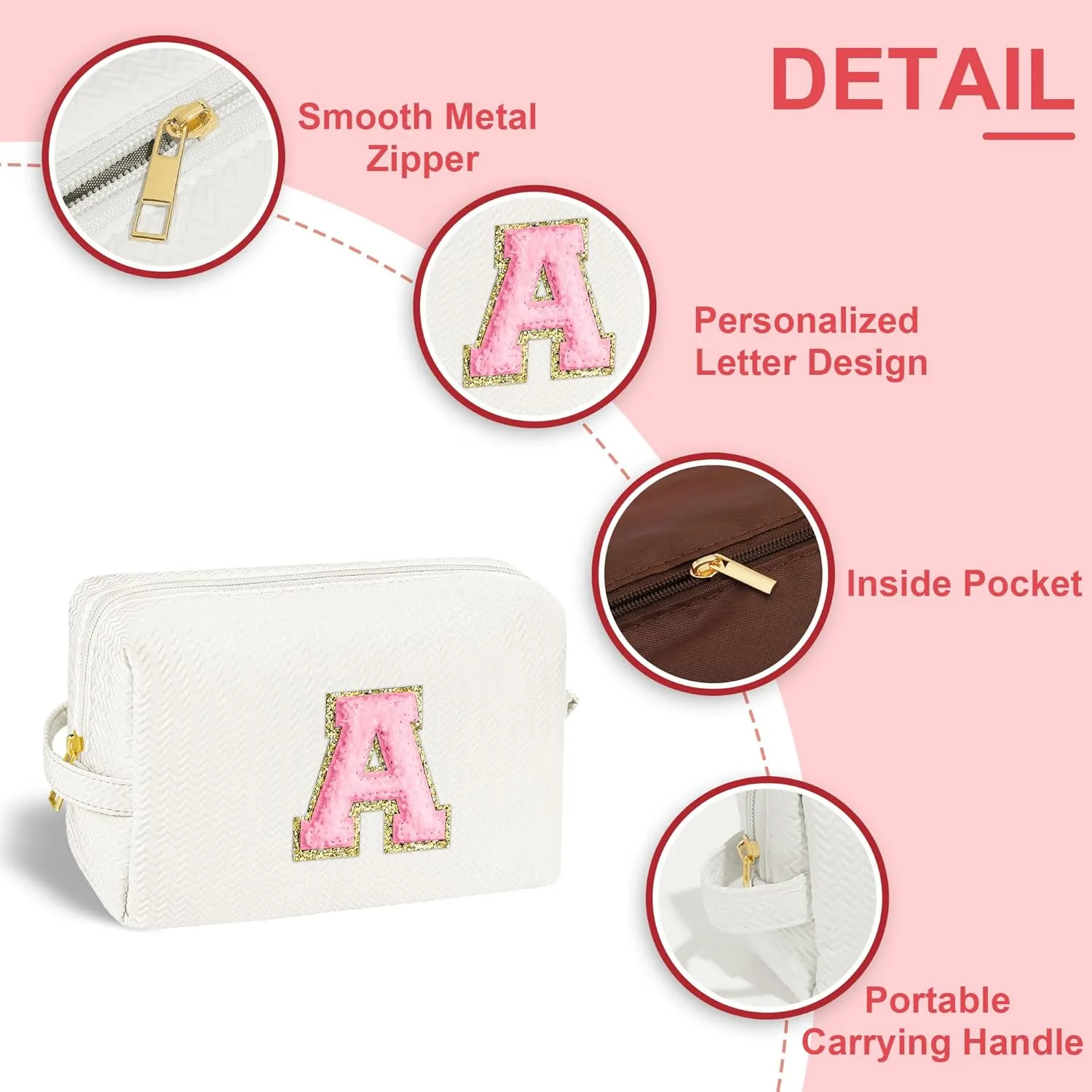 YOOLIFE Travel Makeup Bag Cosmetic Bag, Make Up Bags for Women Large Makeup Bag Skin Care Toiletry Bag Personalized Gifts for Women Her Teen Girlfriend Best Friend Birthday Gifts Mom Teacher R White