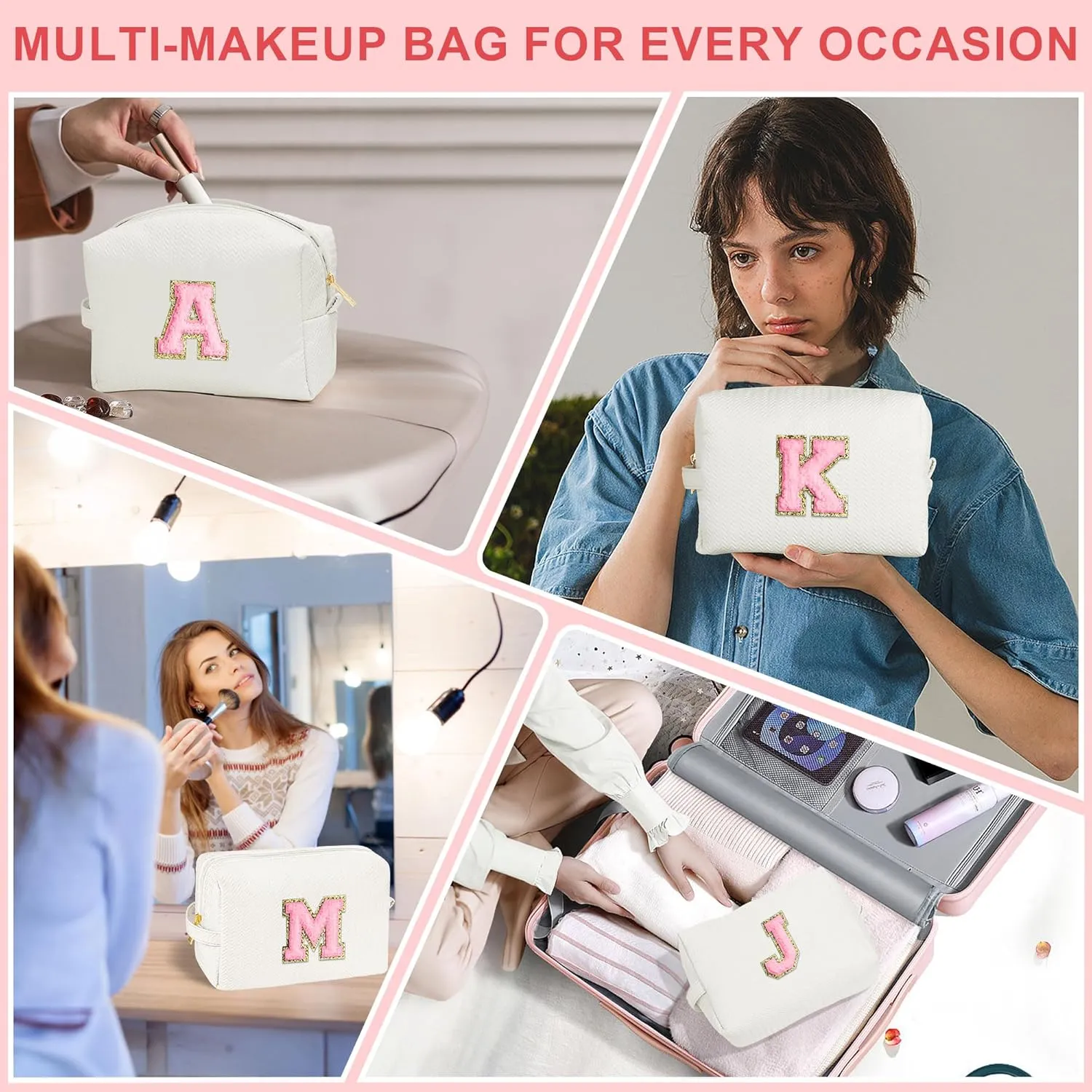 YOOLIFE Travel Makeup Bag Cosmetic Bag, Make Up Bags for Women Large Makeup Bag Skin Care Toiletry Bag Personalized Gifts for Women Her Teen Girlfriend Best Friend Birthday Gifts Mom Teacher R White