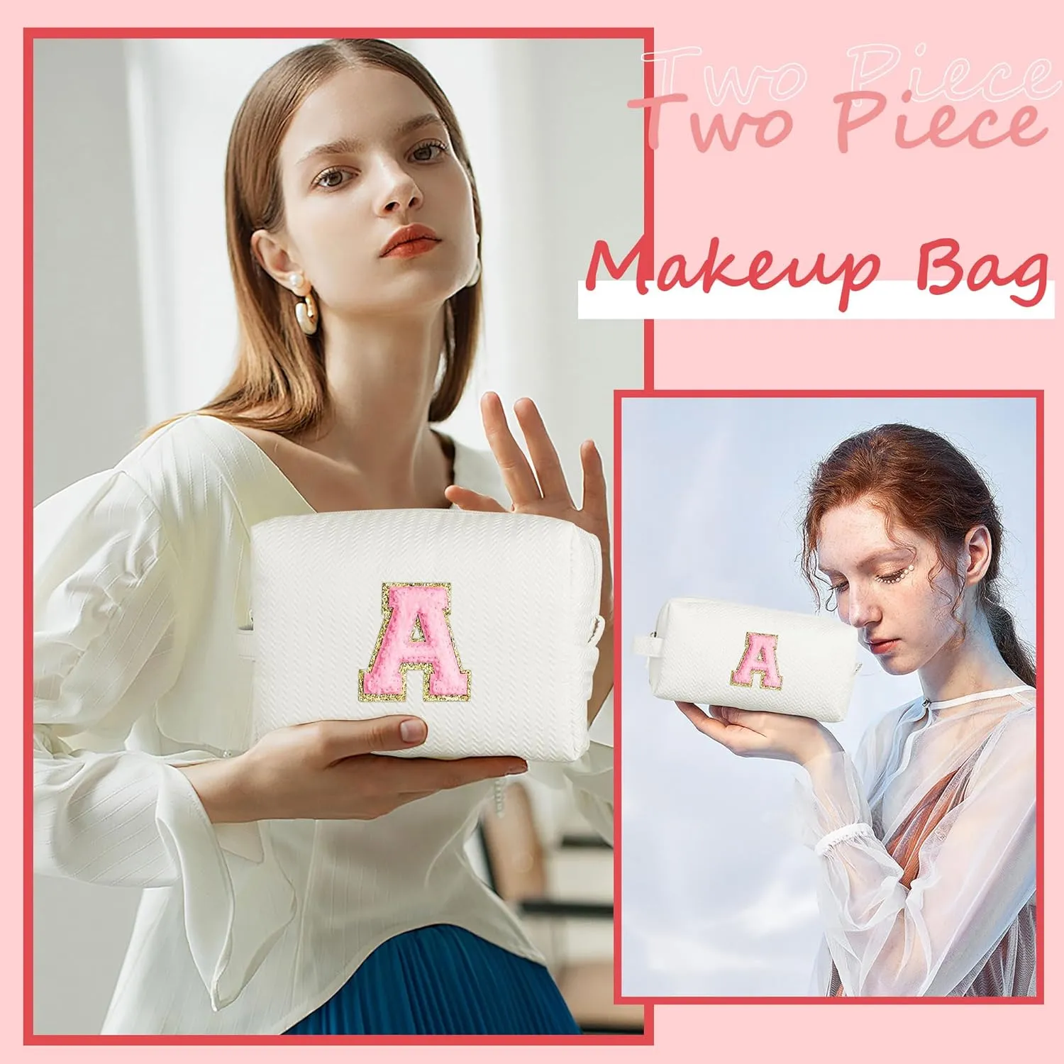 YOOLIFE Travel Makeup Bag Cosmetic Bag, Make Up Bags for Women Large Makeup Bag Skin Care Toiletry Bag Personalized Gifts for Women Her Teen Girlfriend Best Friend Birthday Gifts Mom Teacher R White