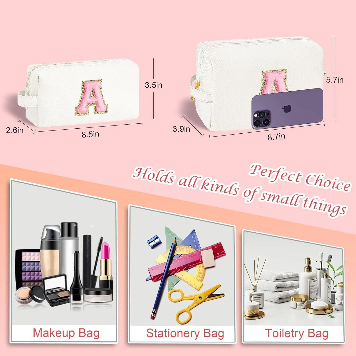 YOOLIFE Travel Makeup Bag Cosmetic Bag, Make Up Bags for Women Large Makeup Bag Skin Care Toiletry Bag Personalized Gifts for Women Her Teen Girlfriend Best Friend Birthday Gifts Mom Teacher R White