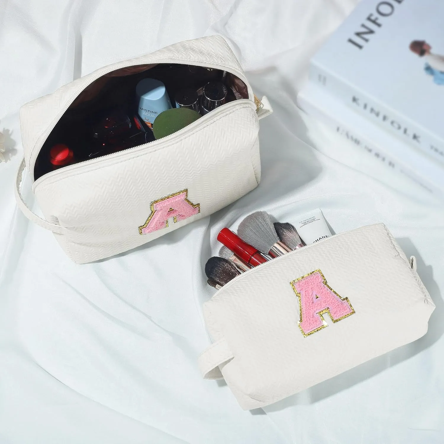 YOOLIFE Travel Makeup Bag Cosmetic Bag, Make Up Bags for Women Large Makeup Bag Skin Care Toiletry Bag Personalized Gifts for Women Her Teen Girlfriend Best Friend Birthday Gifts Mom Teacher R White