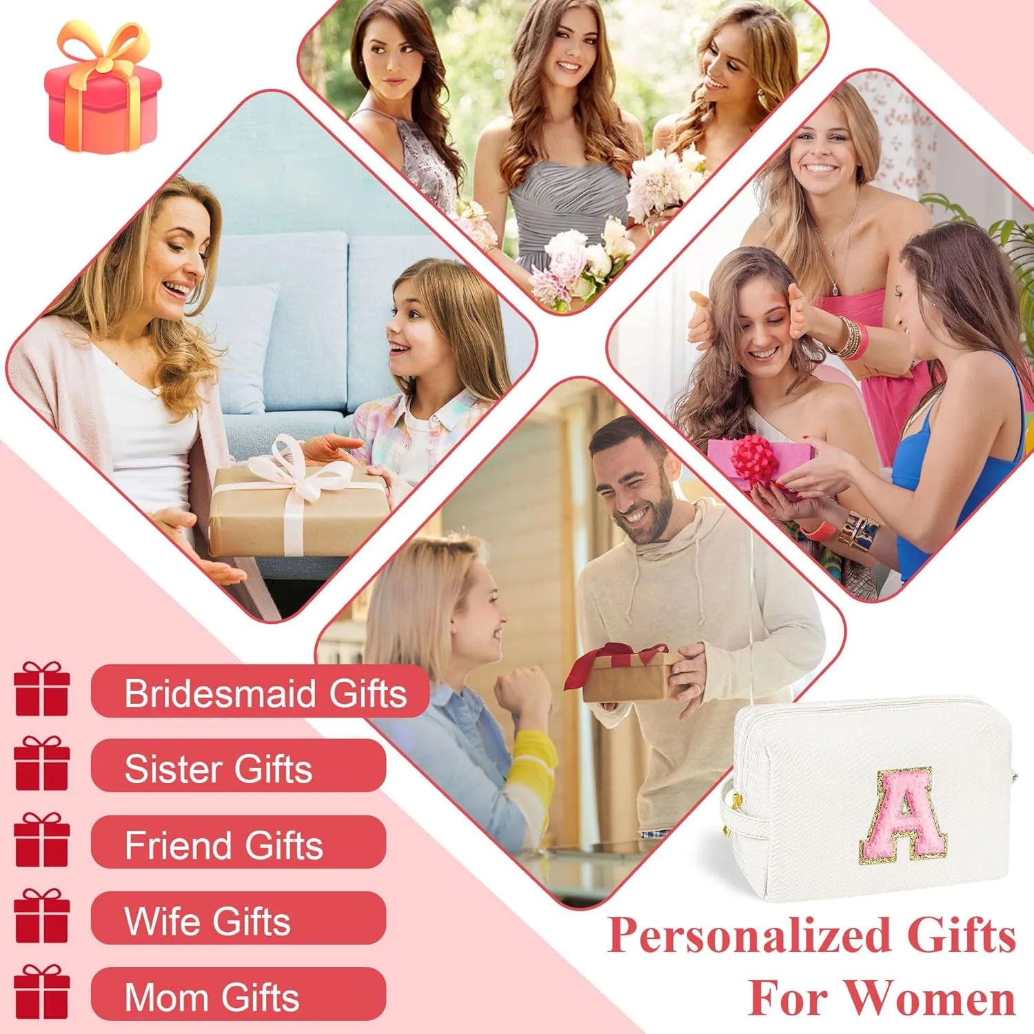 YOOLIFE Travel Makeup Bag Cosmetic Bag, Make Up Bags for Women Large Makeup Bag Skin Care Toiletry Bag Personalized Gifts for Women Her Teen Girlfriend Best Friend Birthday Gifts Mom Teacher R White