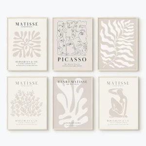 Youillne Henri Matisse Wall Art Prints Flower Abstract Canvas Pictures Aesthetic Beige Wall Art Decor Matisse Picasso Poster Gallery Vintage Painting Artwork for Bedroom 12x16 Inch Unframed Set of 6