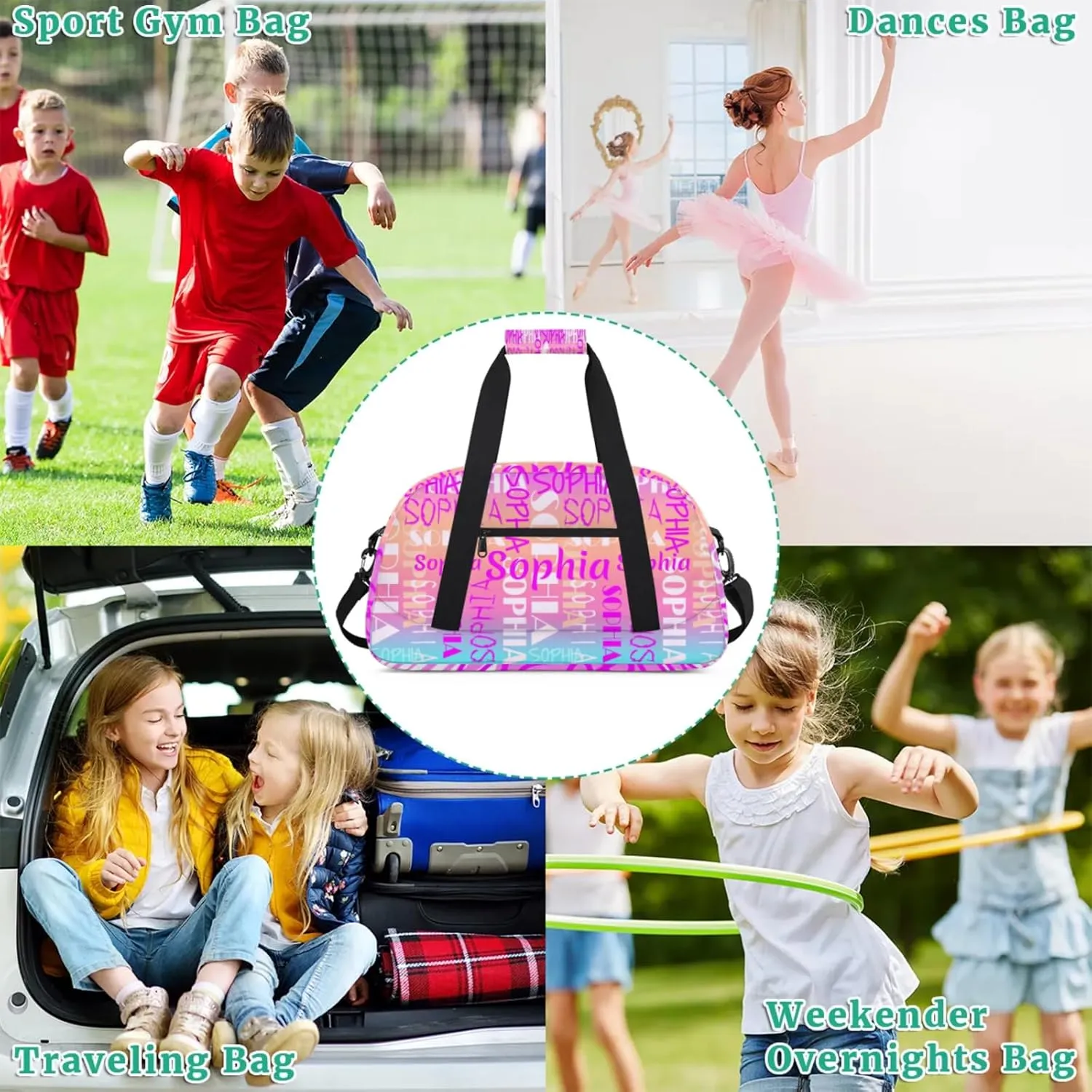 Yzrwebo Custom Name Gym Sport Bag, Personalized Duffel Travel Bag Customized Gymnastics Ballet Dance Bags Small Weekender Overnight Tote Bag for Gifts, Gradient Purple