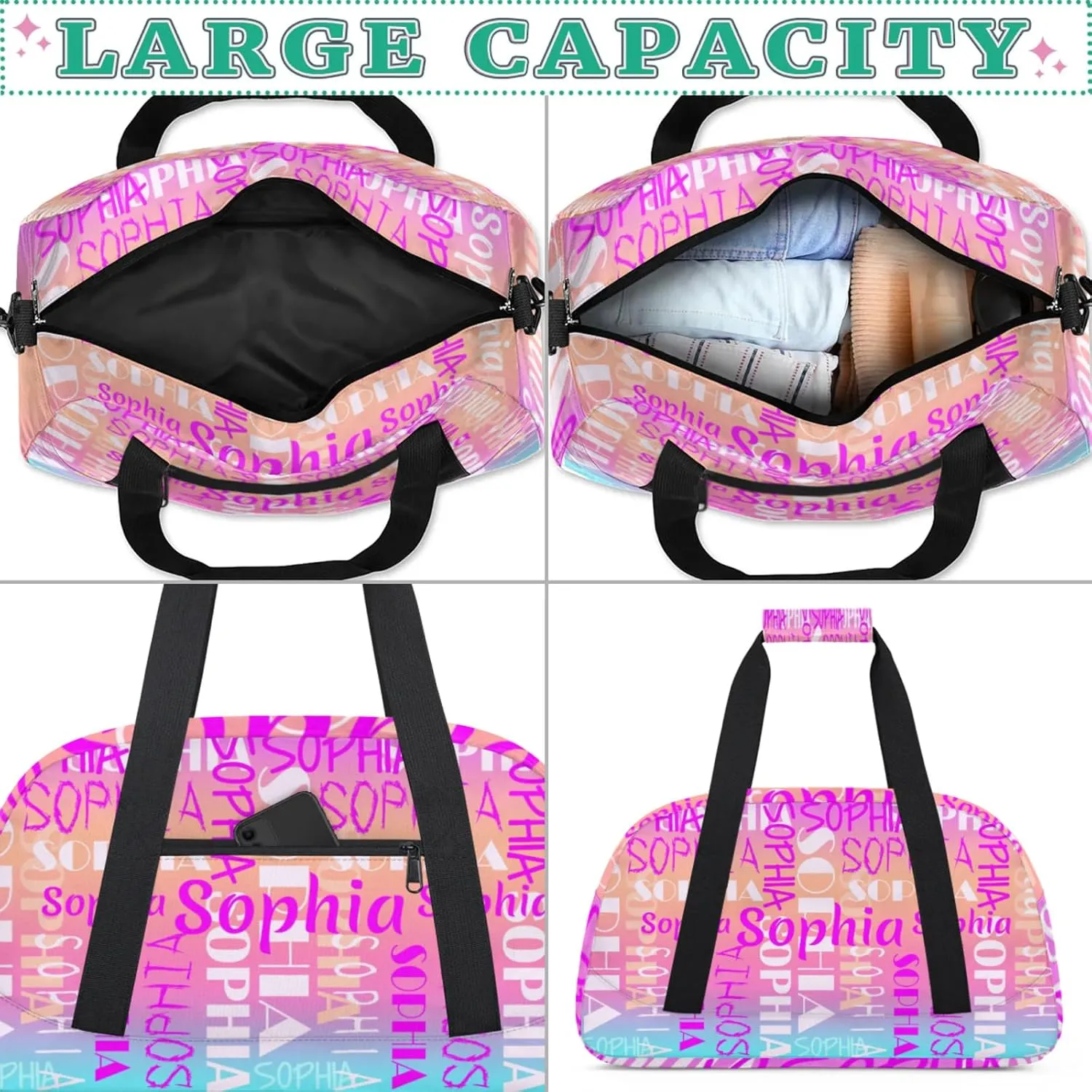 Yzrwebo Custom Name Gym Sport Bag, Personalized Duffel Travel Bag Customized Gymnastics Ballet Dance Bags Small Weekender Overnight Tote Bag for Gifts, Gradient Purple