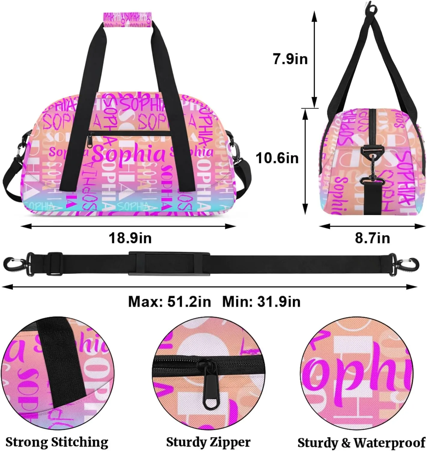 Yzrwebo Custom Name Gym Sport Bag, Personalized Duffel Travel Bag Customized Gymnastics Ballet Dance Bags Small Weekender Overnight Tote Bag for Gifts, Gradient Purple