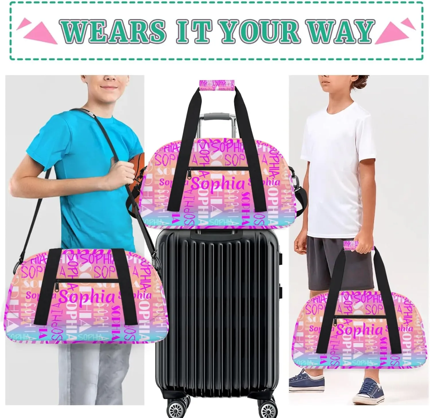 Yzrwebo Custom Name Gym Sport Bag, Personalized Duffel Travel Bag Customized Gymnastics Ballet Dance Bags Small Weekender Overnight Tote Bag for Gifts, Gradient Purple