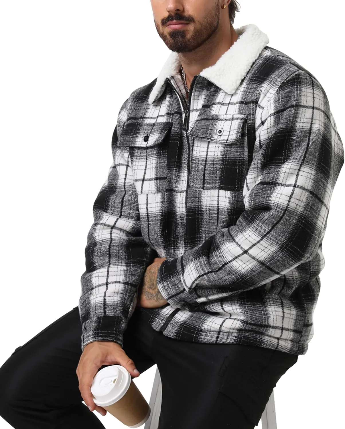 ZITY Mens Flannel Jacket Lapel Full Zip Up Fleece Plaid Sherpa Lined Coat