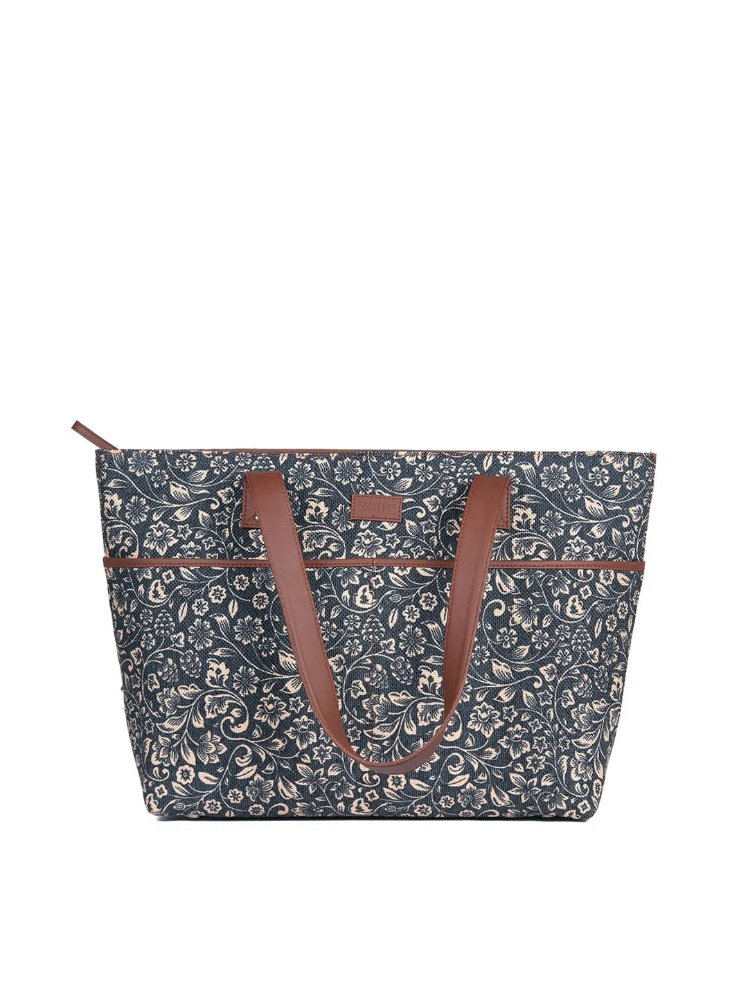 ZOUK Black Floral Printed Oversized Structured Tote Bag