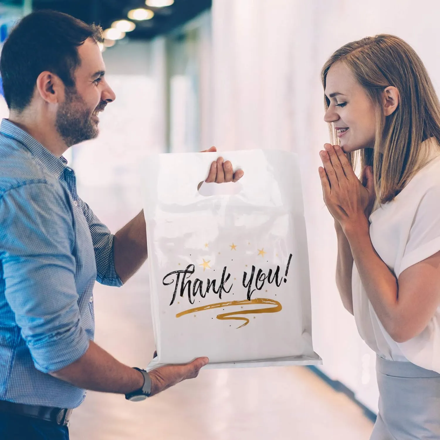 Zwish 100 Pack Die Cut White Thank You Bags 12" x 15" Plastic Merchandise 2.75 mil Thick Reusable Gift Bag for Packaging Products, Retail Boutique for Wholesale Clothes Stores