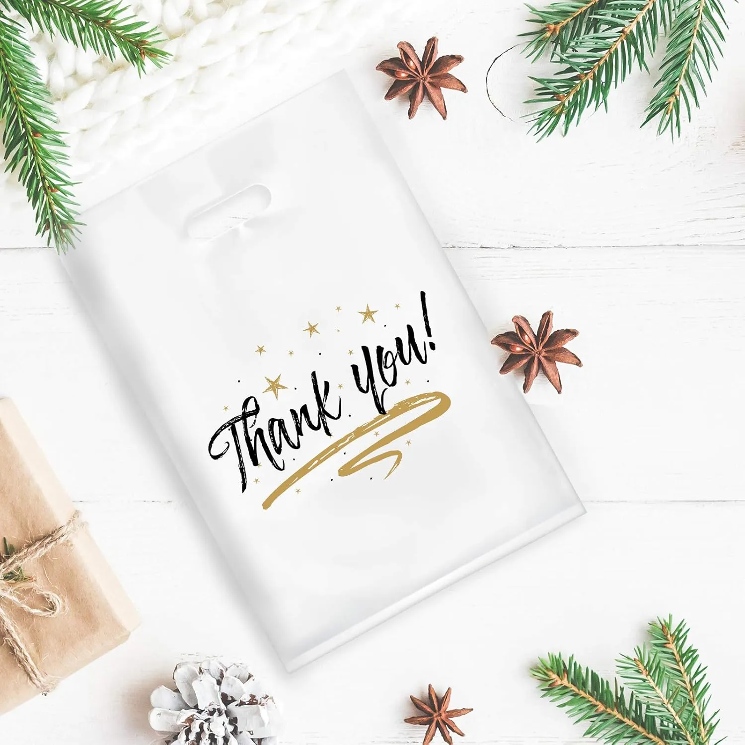 Zwish 100 Pack Die Cut White Thank You Bags 12" x 15" Plastic Merchandise 2.75 mil Thick Reusable Gift Bag for Packaging Products, Retail Boutique for Wholesale Clothes Stores