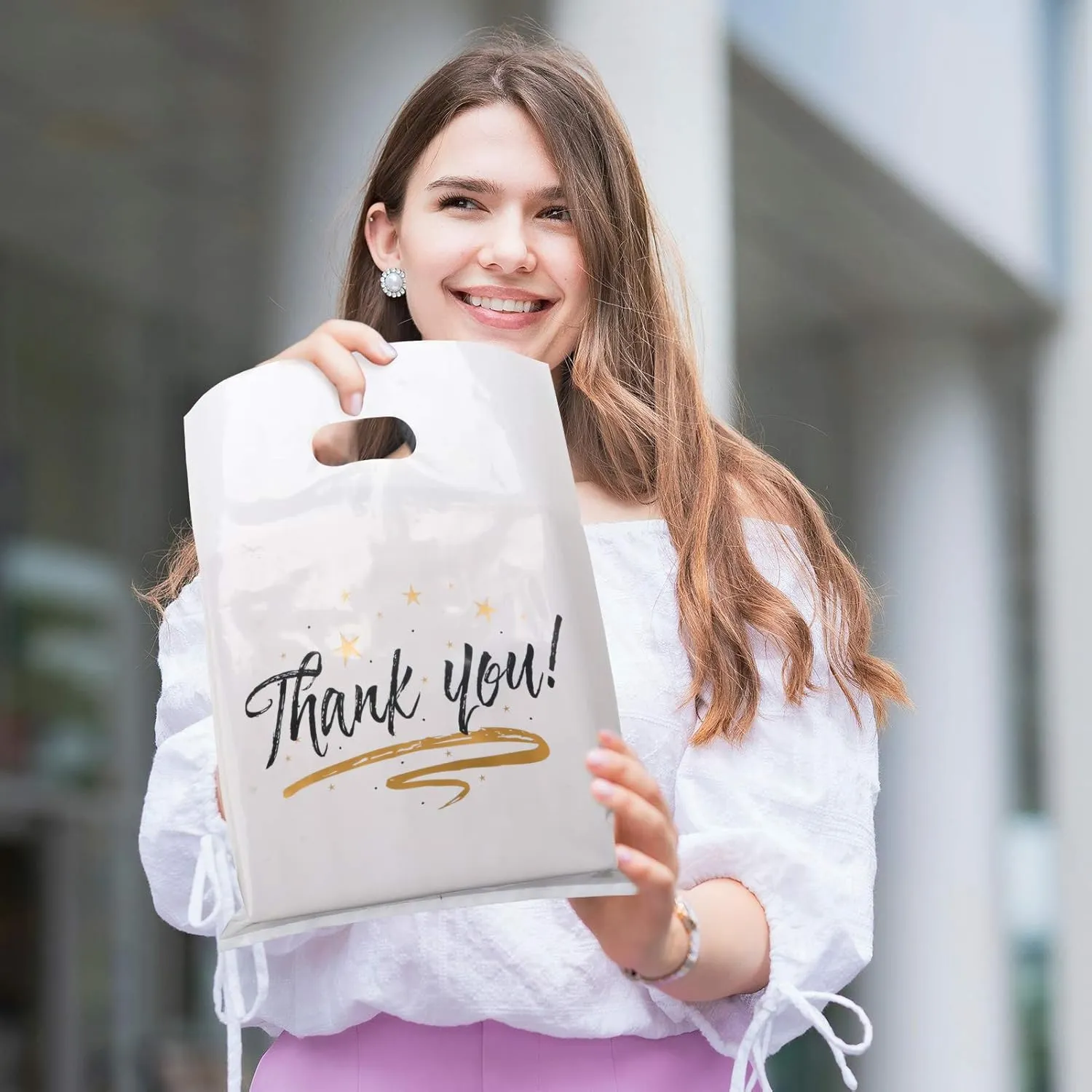 Zwish 100 Pack Die Cut White Thank You Bags 12" x 15" Plastic Merchandise 2.75 mil Thick Reusable Gift Bag for Packaging Products, Retail Boutique for Wholesale Clothes Stores