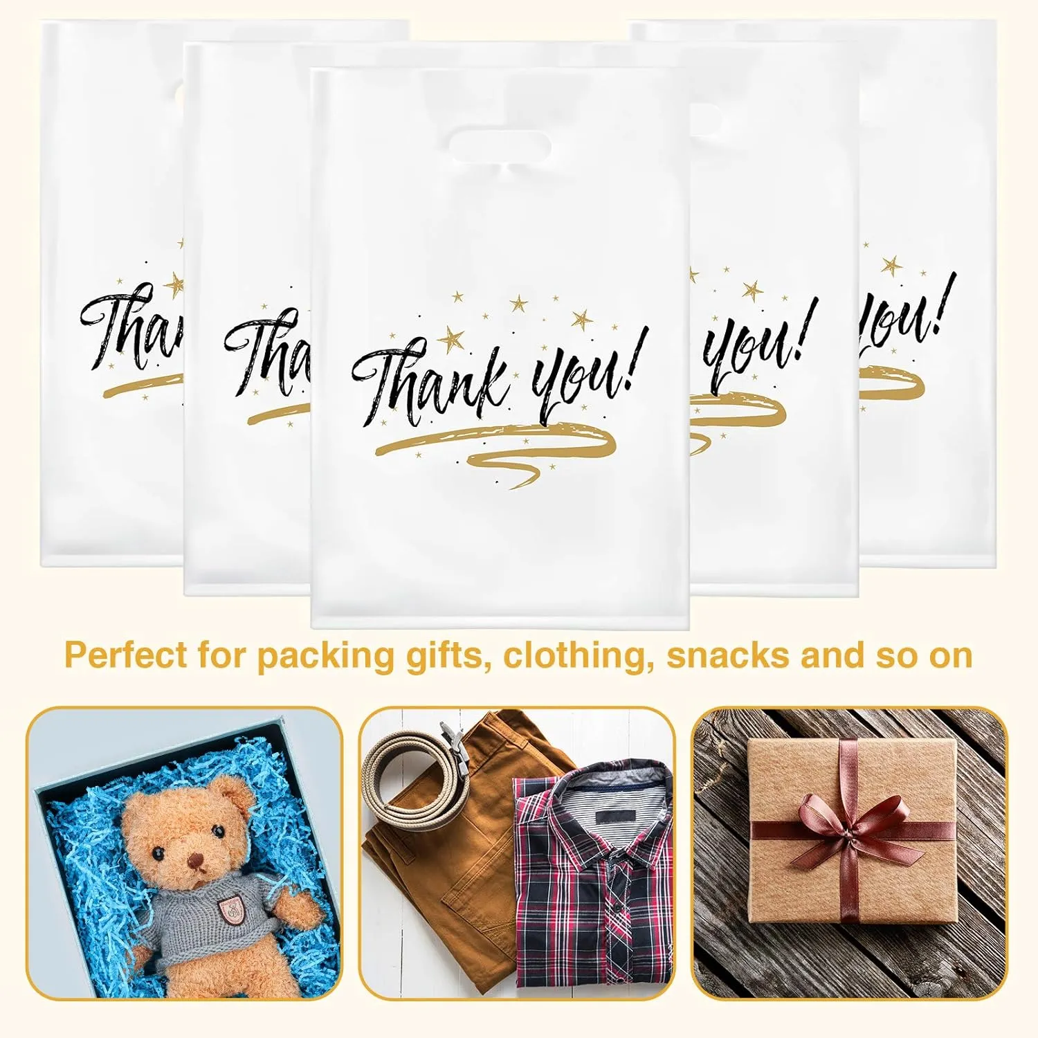 Zwish 100 Pack Die Cut White Thank You Bags 12" x 15" Plastic Merchandise 2.75 mil Thick Reusable Gift Bag for Packaging Products, Retail Boutique for Wholesale Clothes Stores