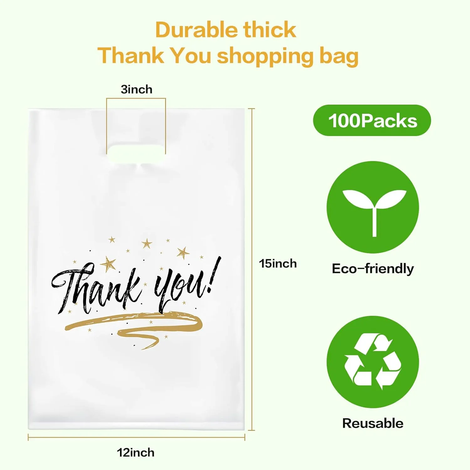 Zwish 100 Pack Die Cut White Thank You Bags 12" x 15" Plastic Merchandise 2.75 mil Thick Reusable Gift Bag for Packaging Products, Retail Boutique for Wholesale Clothes Stores